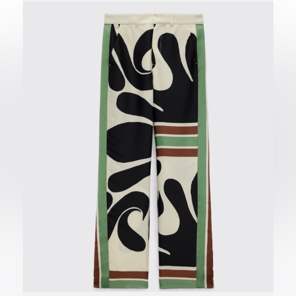 Zara Abstract Palazzo Patterned Pants with Green Accents